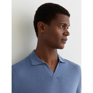 REISS Duchie Merino Wool Open-Collar Polo Shirt in Nordic Blue
